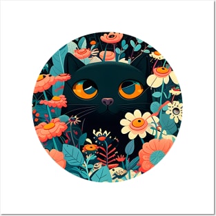 Happy Funny Black Cat In Flowers - Love Cats Posters and Art